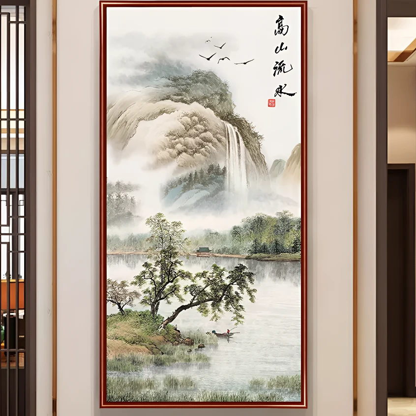 高山流水生财钻石画满钻新款2025山水风景砖石贴画走廊玄关中国风