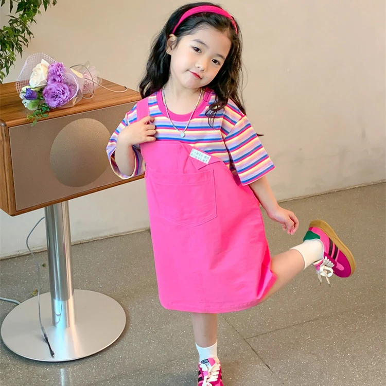 女童短袖连衣裙2025夏装新款洋气背带裙夏季宝宝套装假两件裙子潮