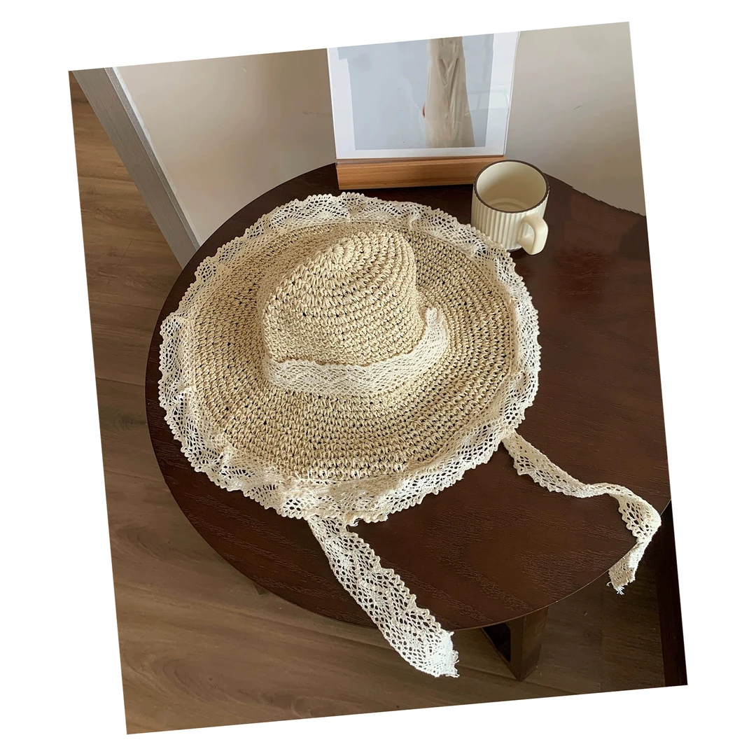 义佰满分韩版大帽檐草帽女生甜美蕾丝沙滩度假草编渔夫帽遮阳帽