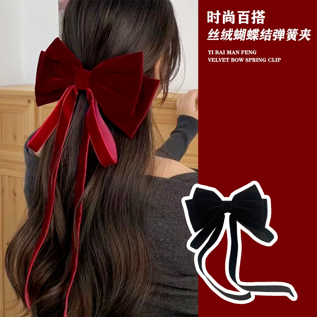 义佰满分新年红色丝绒大蝴蝶结气质黑色加大号发夹网红后脑勺发卡