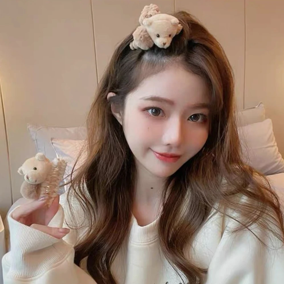 义佰满分2个可爱甜美卡通毛球小熊抓夹少女心刘海夹毛绒发卡头饰