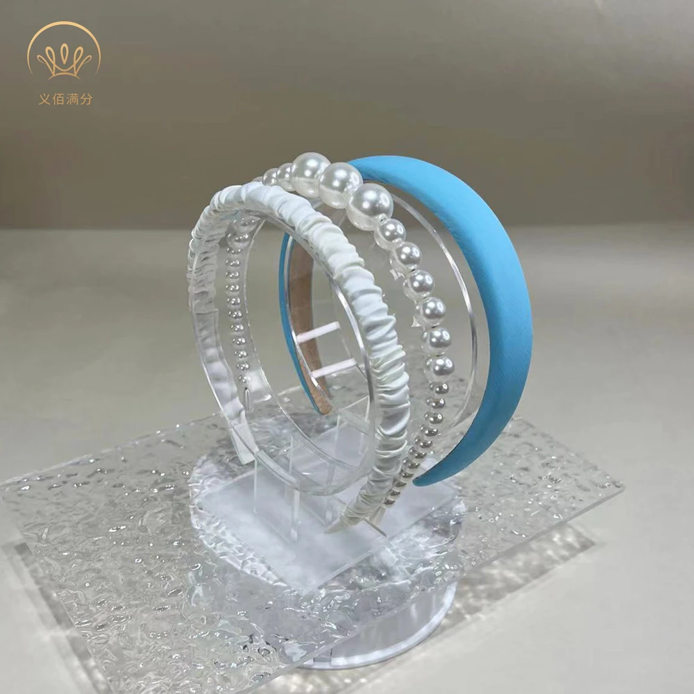 义佰满分3个装 海绵褶皱仿珍珠发箍组合少女百搭夏季蓝色头箍发卡