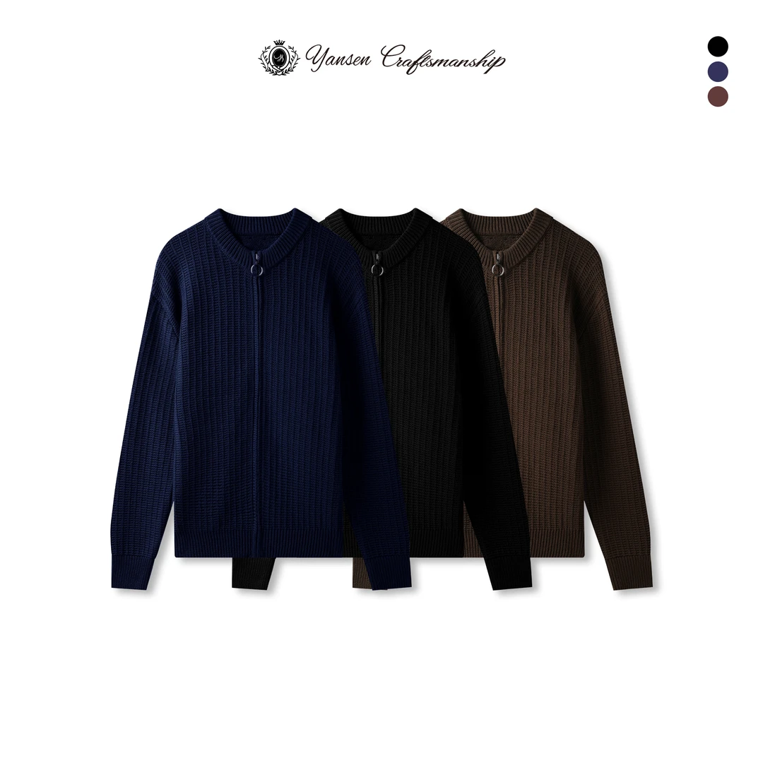 YANSEN 920G高磅重重工锁骨眼编织珠地针织拉链开衫毛衣 YS8014