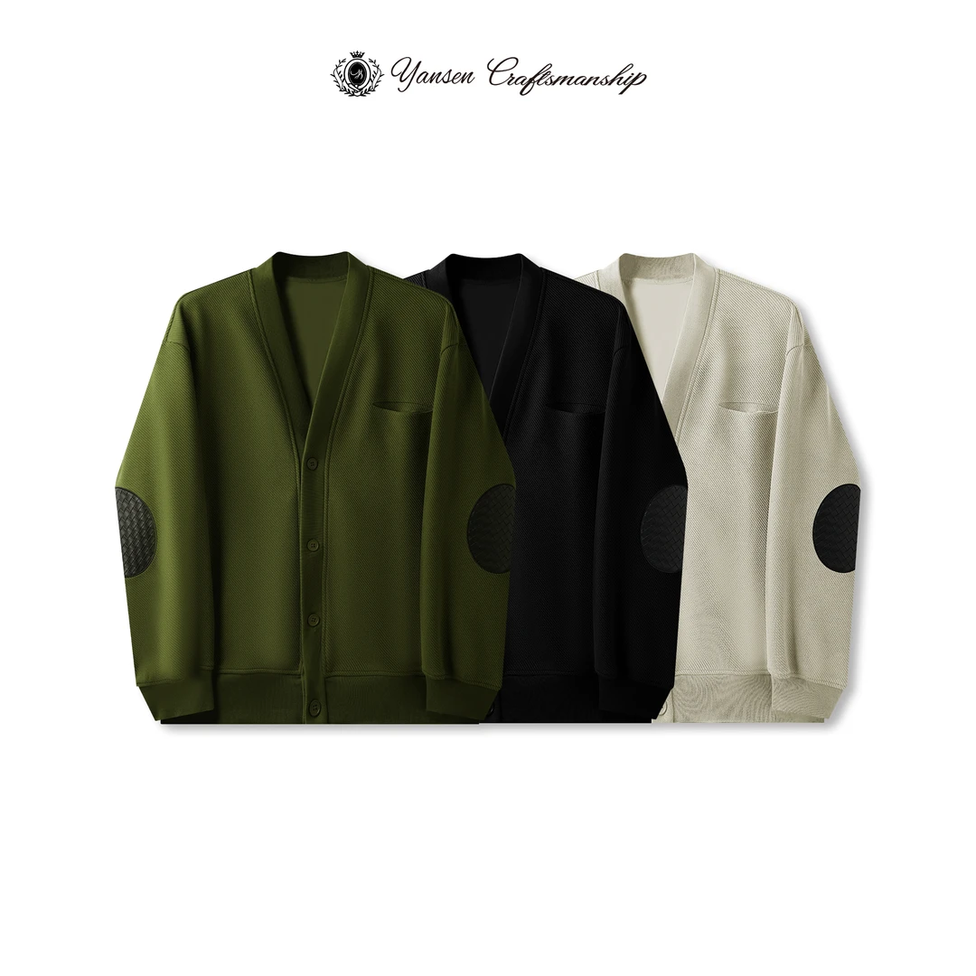 YANSEN 简约百搭斜纹混纺面料纯色皮质拼接休闲夹克外套 J5286