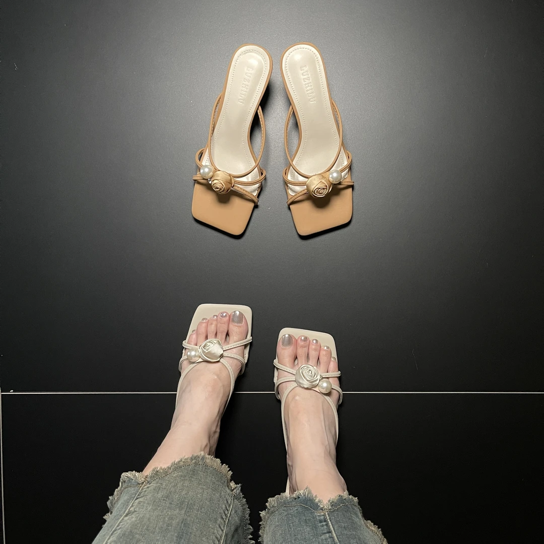 《盛夏玫瑰》青一女鞋夏季新款方头花朵珍珠设计气质高跟细带凉拖鞋