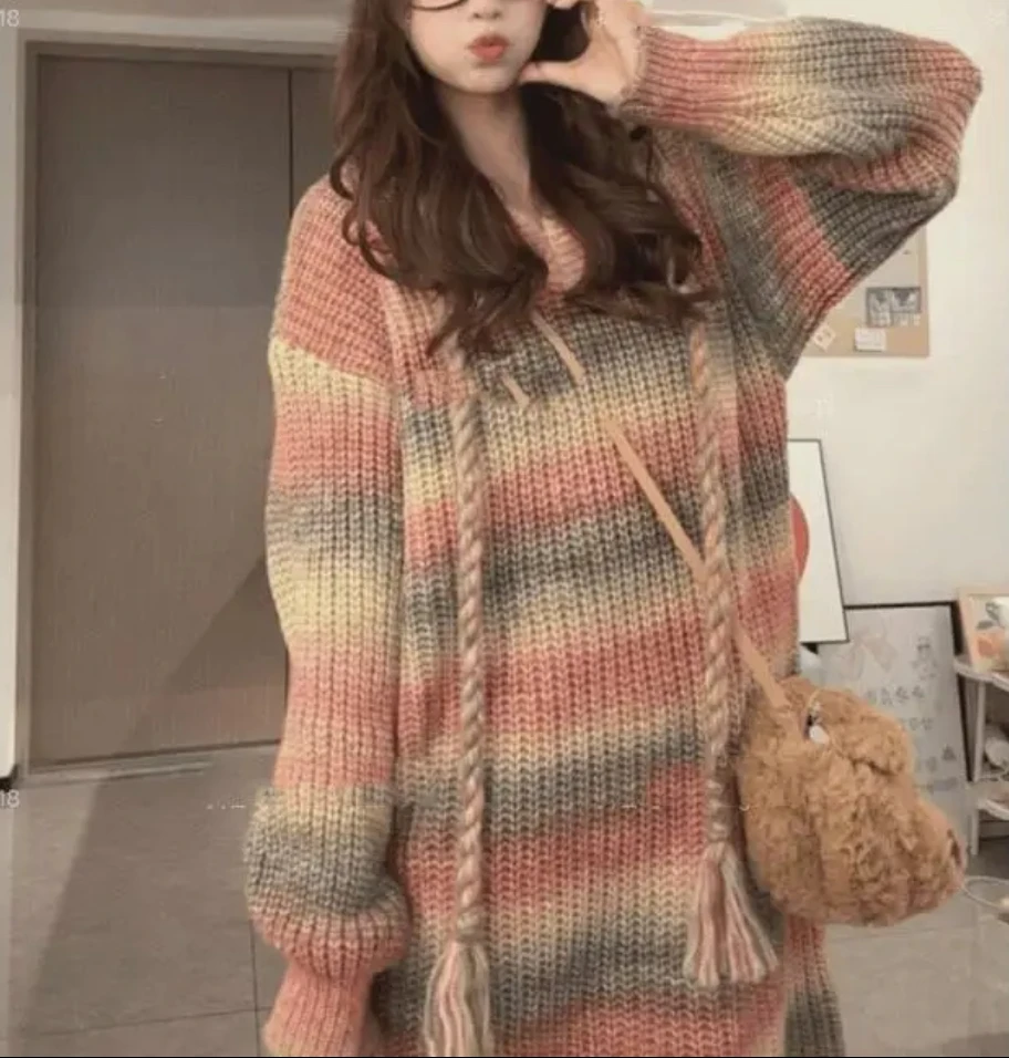 法式撞色条纹连帽针织连衣裙女装秋季宽松慵懒风长款内搭毛衣裙子