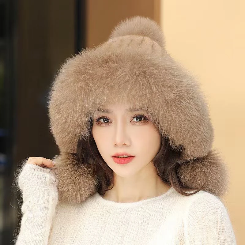 新款貂帽女狐狸毛边球球帽水貂毛编织帽子女士冬天保暖护耳帽子