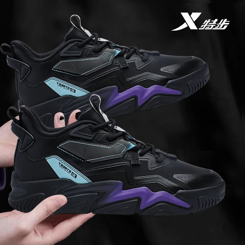 特步男鞋官方正品皮面防水春秋款潮流鞋子2025黑色男式运动鞋男款