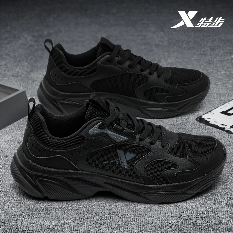 特步男鞋秋季黑色跑步鞋2024新款老爹鞋子网面轻便软底透气运动鞋
