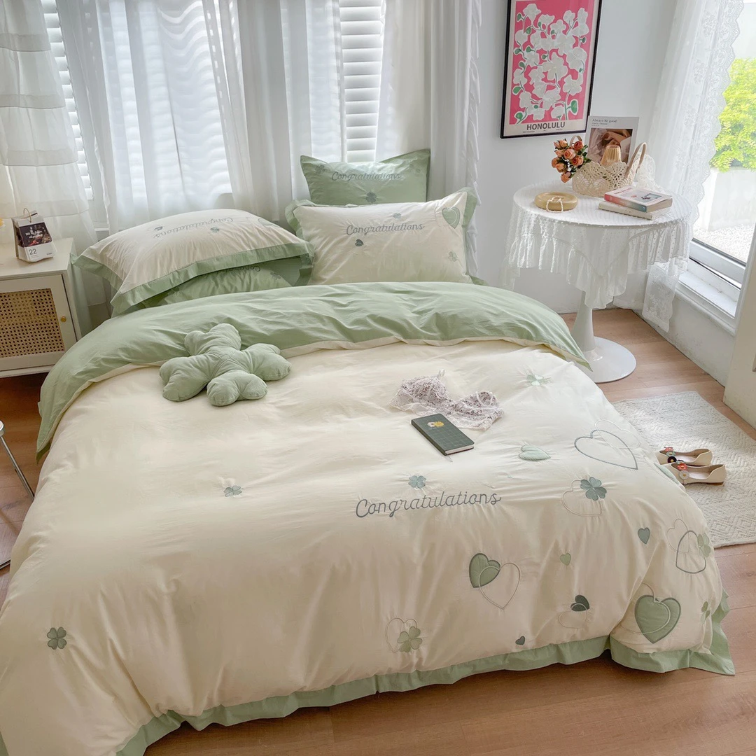 【元气爱心】刺绣款水洗棉床单四件套全棉纯棉少女心被套床上用品