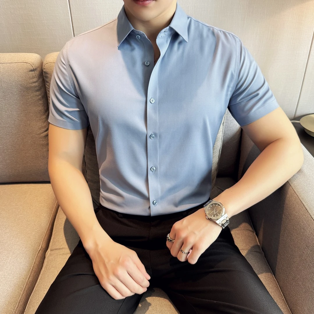1802英伦风莫代尔薄款男士衬衣休闲夏季修身纯色青春帅气职业精致