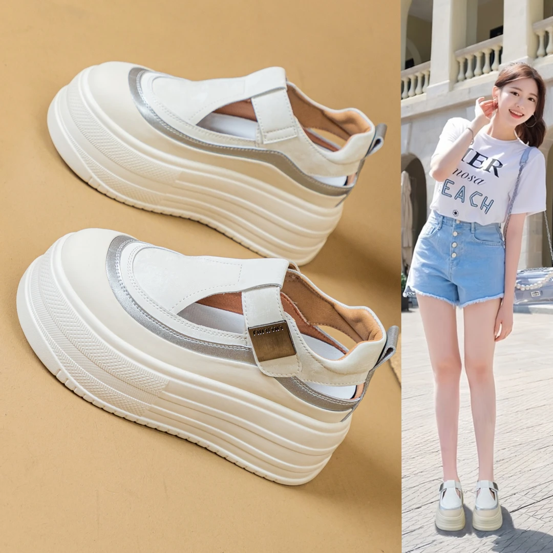 松糕厚底凉鞋女2024夏季新款外穿小个子内增高鞋8cm魔术贴女凉鞋