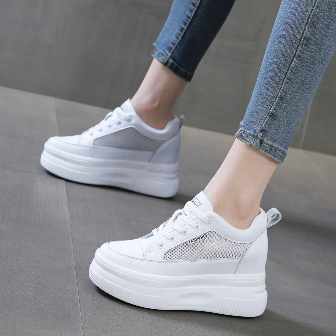 增高10cm真皮小白鞋女款夏季网面透气休闲鞋小个子厚底内增高女鞋
