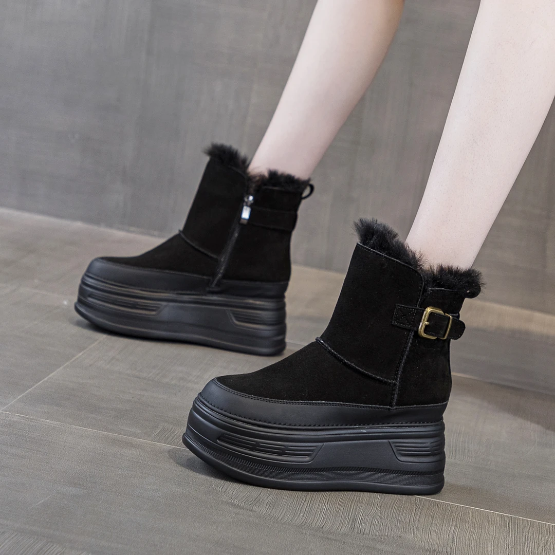 真皮厚底雪地靴女内增高短靴8cm女士大棉鞋冬季加绒加厚保暖棉鞋
