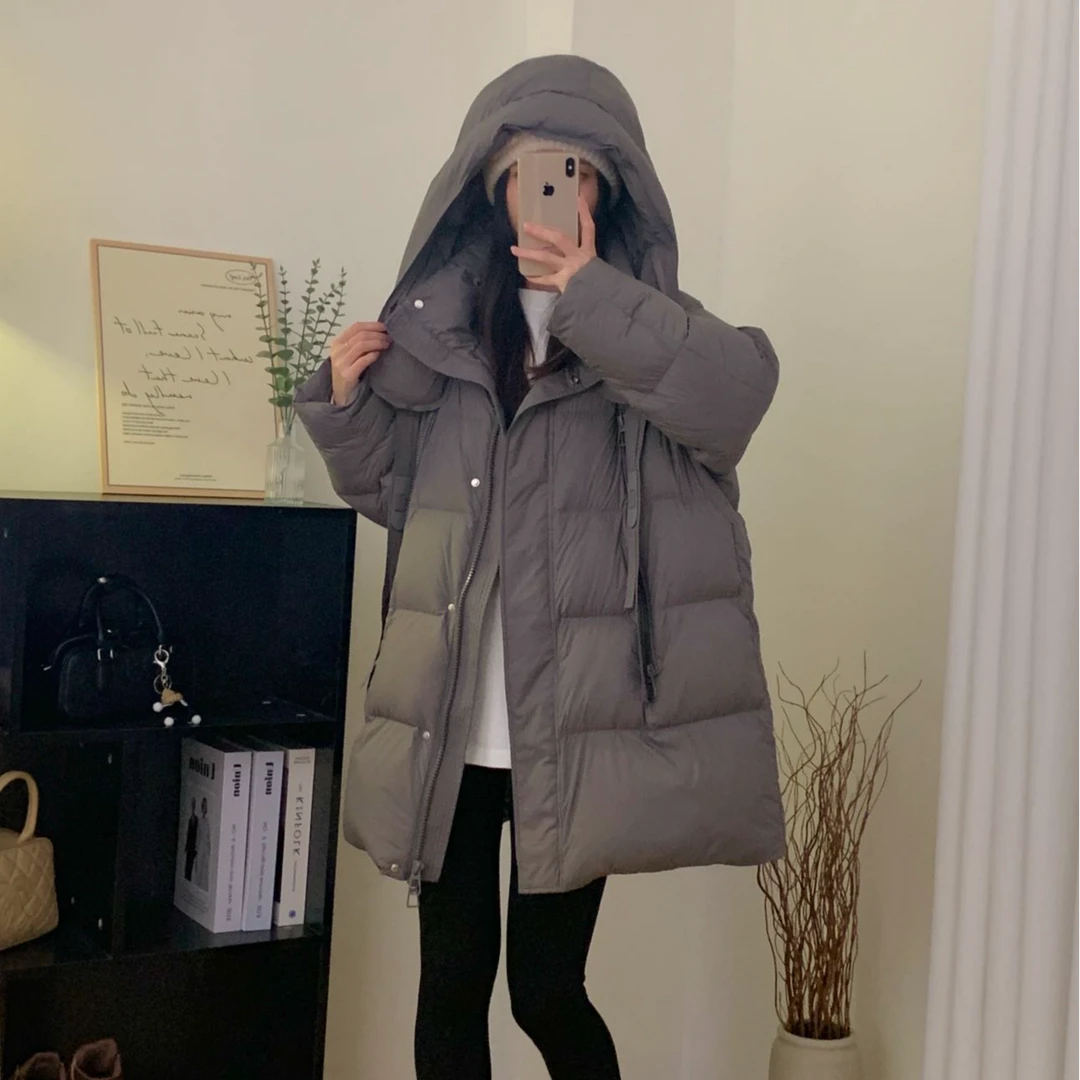 24D-087连帽飘带款设计感羽绒服2024年龟背洋气90白鸭绒外套