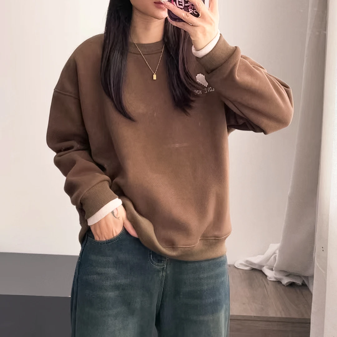 【丽可儿】加绒韩版休闲宽松爱心刺绣圆领常规袖卫衣女秋冬 DY3293