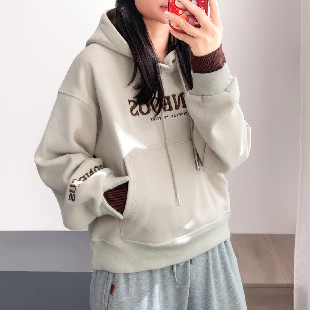 【丽可儿】加绒韩版休闲宽松字母刺绣连帽卫衣女秋冬 DY3192