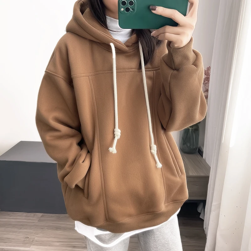 【加绒加厚】韩版休闲简约设计感连帽卫衣女冬季保暖 DY2303