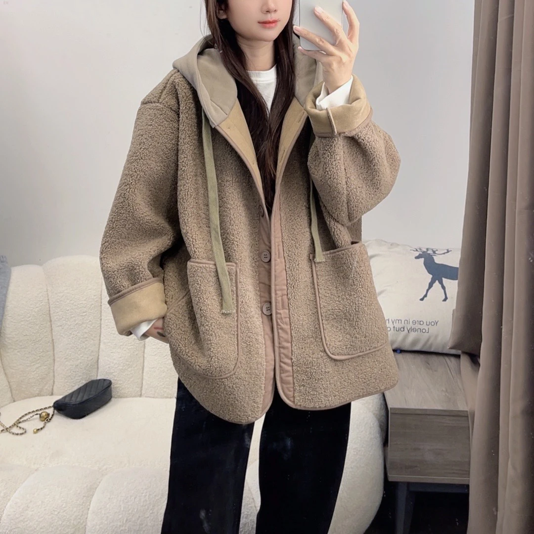 宽松连帽外套女2024秋冬款宽松大口袋皮毛一体保暖上衣DYY2373
