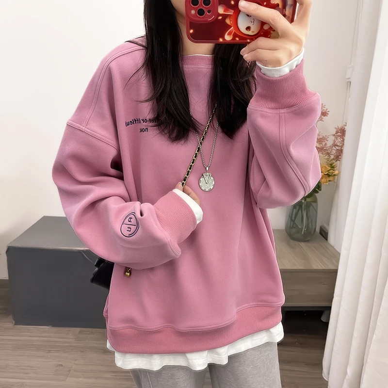 【丽可儿】不加绒韩版休闲宽松字母刺绣圆领假两件卫衣女 DY2597