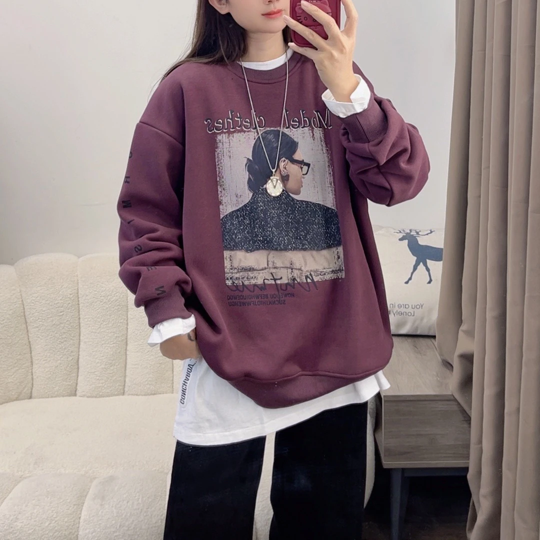 欧洲站美女背影加厚卫衣2024重工钉珠宽松慵懒风上衣DYY2338