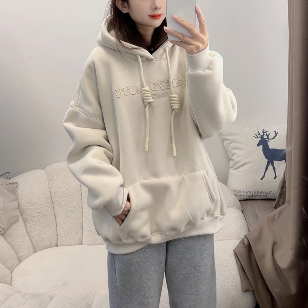 H加厚加绒连帽宽松套头刺绣卫衣新款慵懒风宽松上衣外套DYY2393