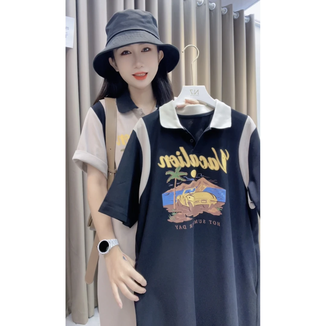 清凉韩版休闲卡通汽车印花POLO领短袖连衣裙女夏 DY2991
