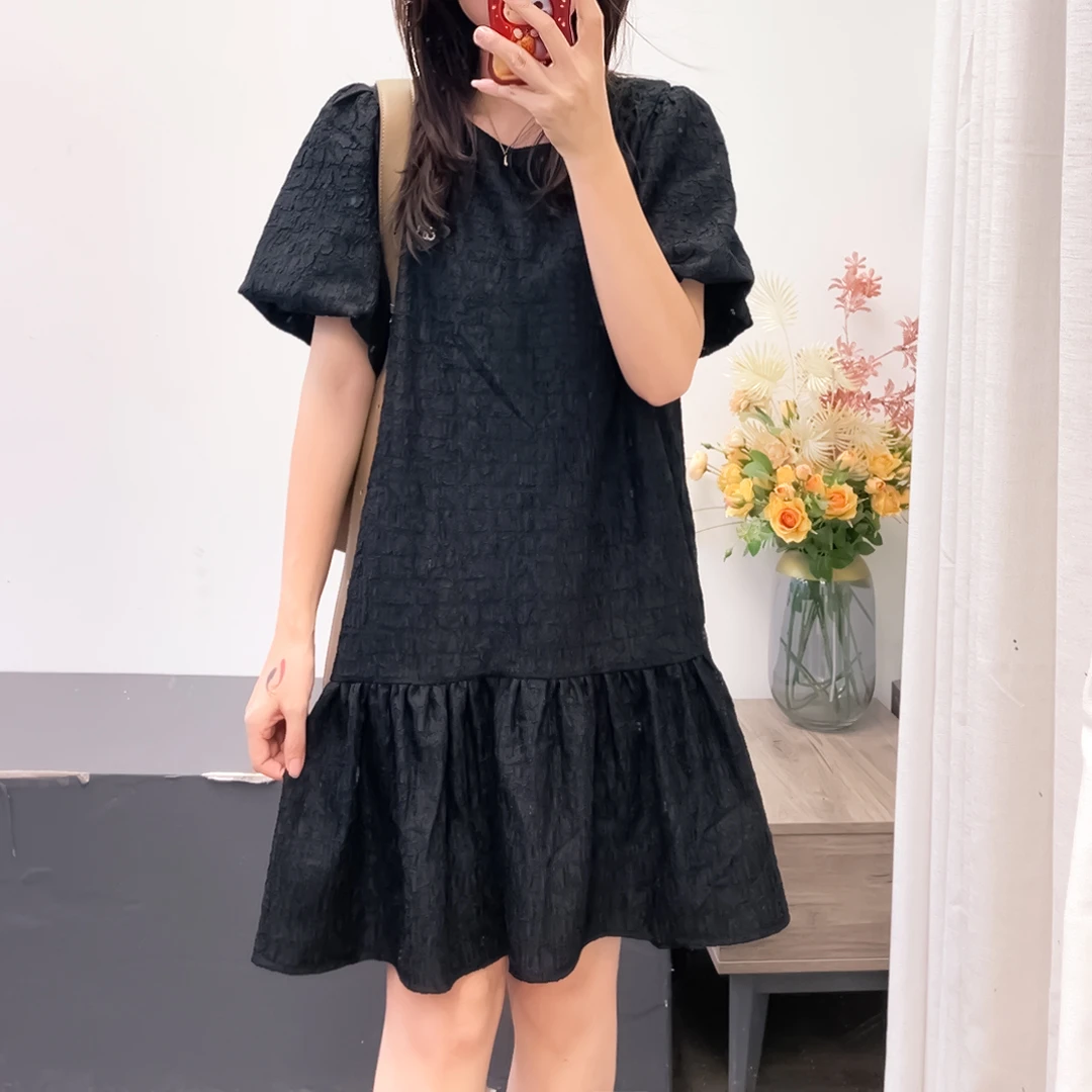 【丽可儿】韩版休闲泡泡袖提花圆领连衣裙女夏季薄款 DY2955