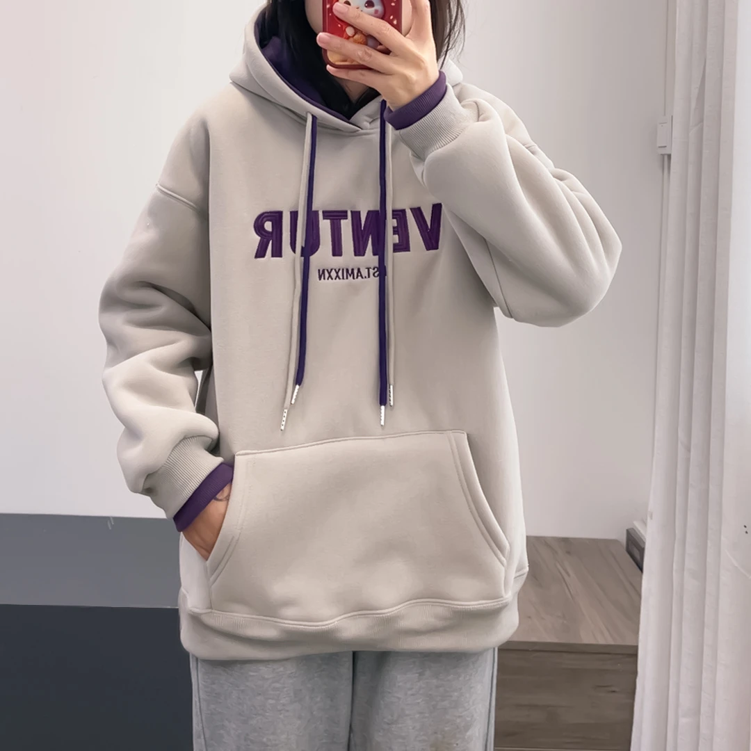 J加绒加厚韩版休闲宽松字母刺绣连帽卫衣女冬季 DY3239