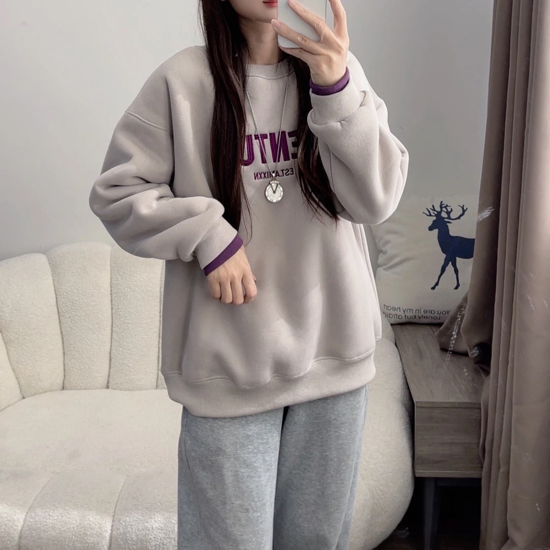 加绒加厚韩版休闲宽松字母刺绣圆领卫衣女冬季DYY2396