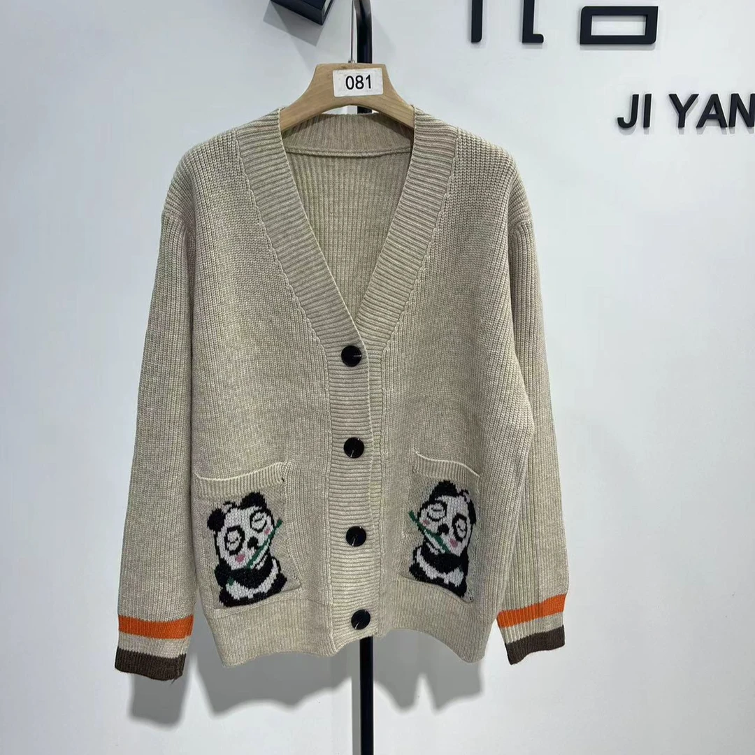 【小熊猫提花开衫】081秋款开衫宽松提花真口袋针织衫