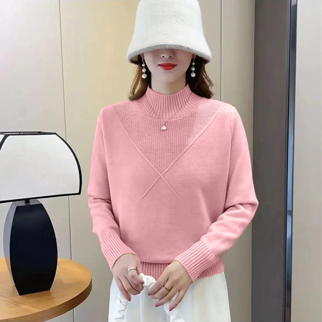 033秋冬款半高领纯色交叉毛衣针织衫