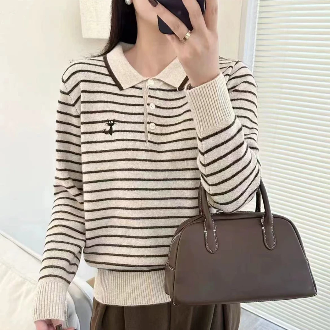 【小猫刺绣】003经典条纹翻领纽扣宽松长袖上衣