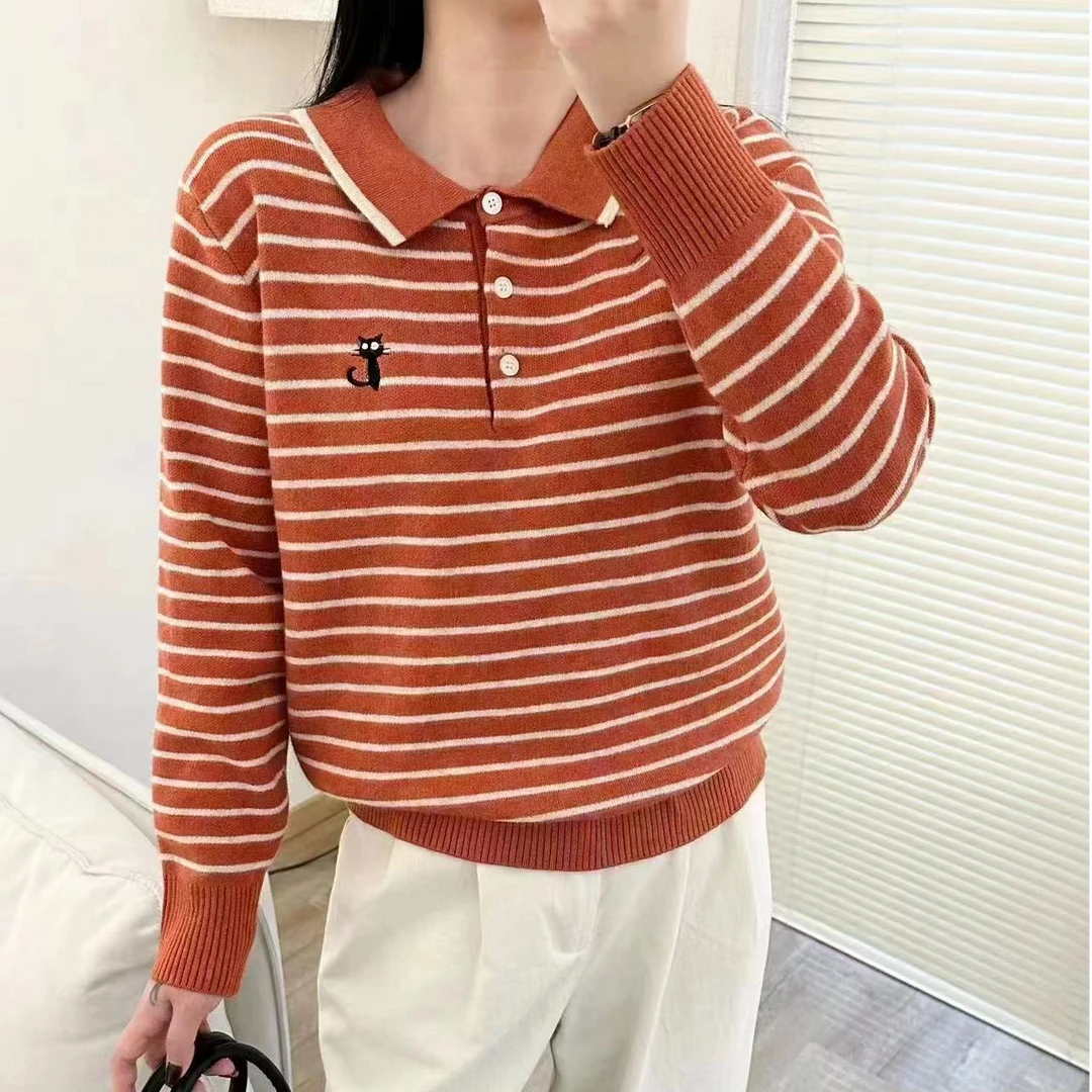 【小猫刺绣】049经典条纹翻领纽扣宽松长袖上衣
