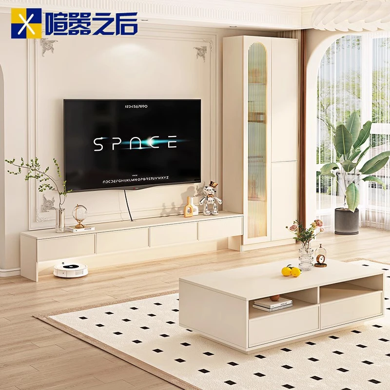 法式奶油风茶几电视柜客厅地台储物柜组合墙柜落地电视柜一字8D88
