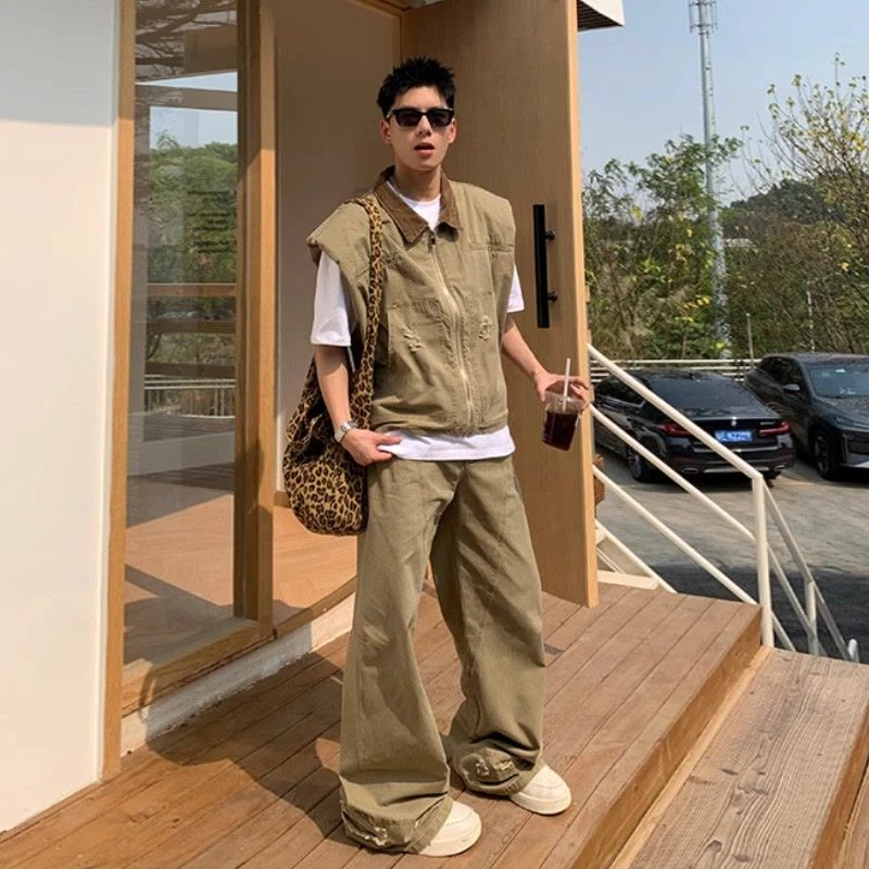 美式潮牌复古卡其牛仔夹克男生廓形设计坎肩马甲宽松搭配一套