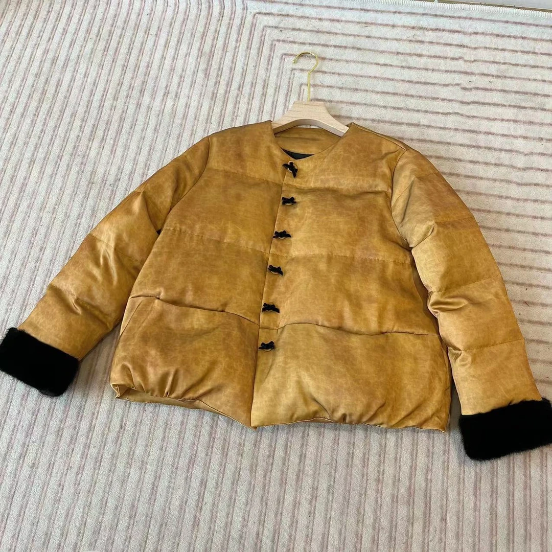 【豆子推荐】6871 冬季新中式复古提花黄色羽绒服外套保暖