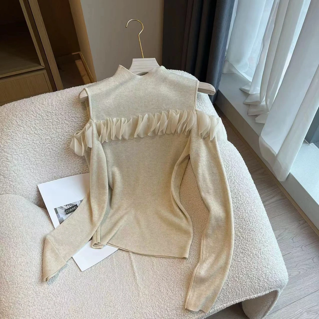 豆子推荐 2189 秋冬立体花瓣设计感露肩打底衫百搭半高领气质