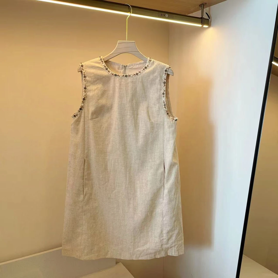 【豆子推荐】52366 夏季韩版小香风无袖法式钉珠复古宽松连衣裙简约