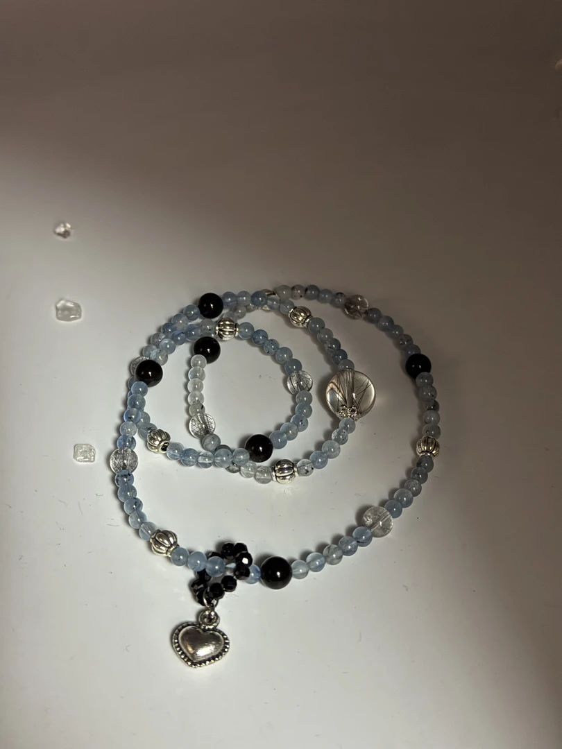 【深海精灵】天然海蓝宝黑发晶黑曜石三圈手串小众设计百搭暗黑系