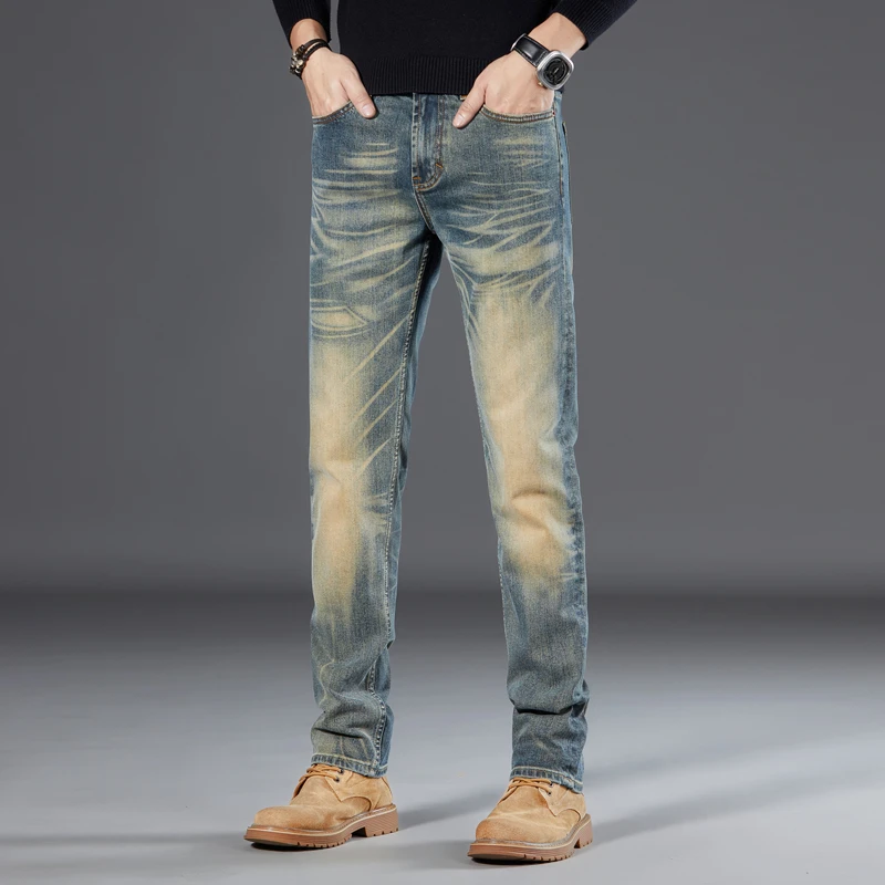 高端复古黄牛仔裤男2024纯棉新款修身直筒裤男装弹力牛仔长裤子潮