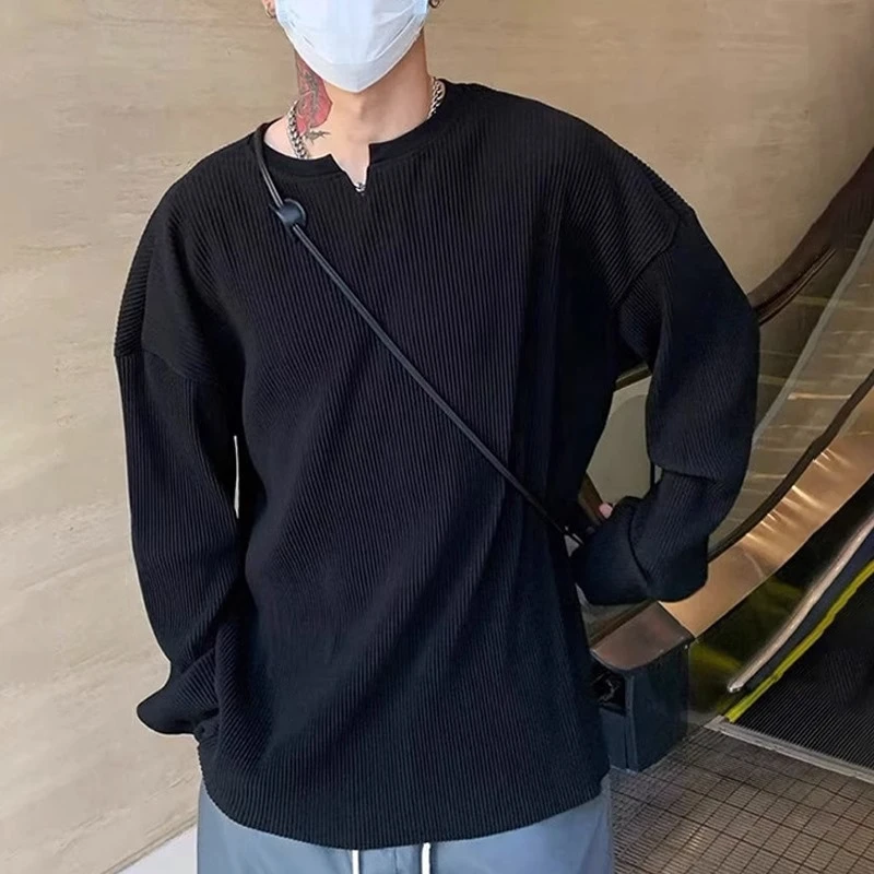 V领褶皱长袖衫秋冬男T恤宽松健身衣垂感重磅运动衣新款大码训练衣