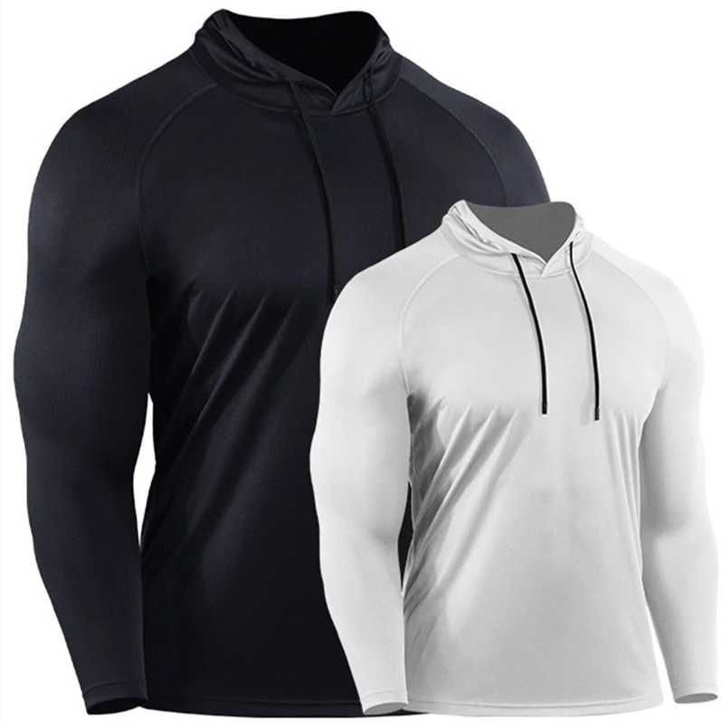 新款连帽长袖纯色健身服男修身运动透气速干衣跑步登山篮球训练衣