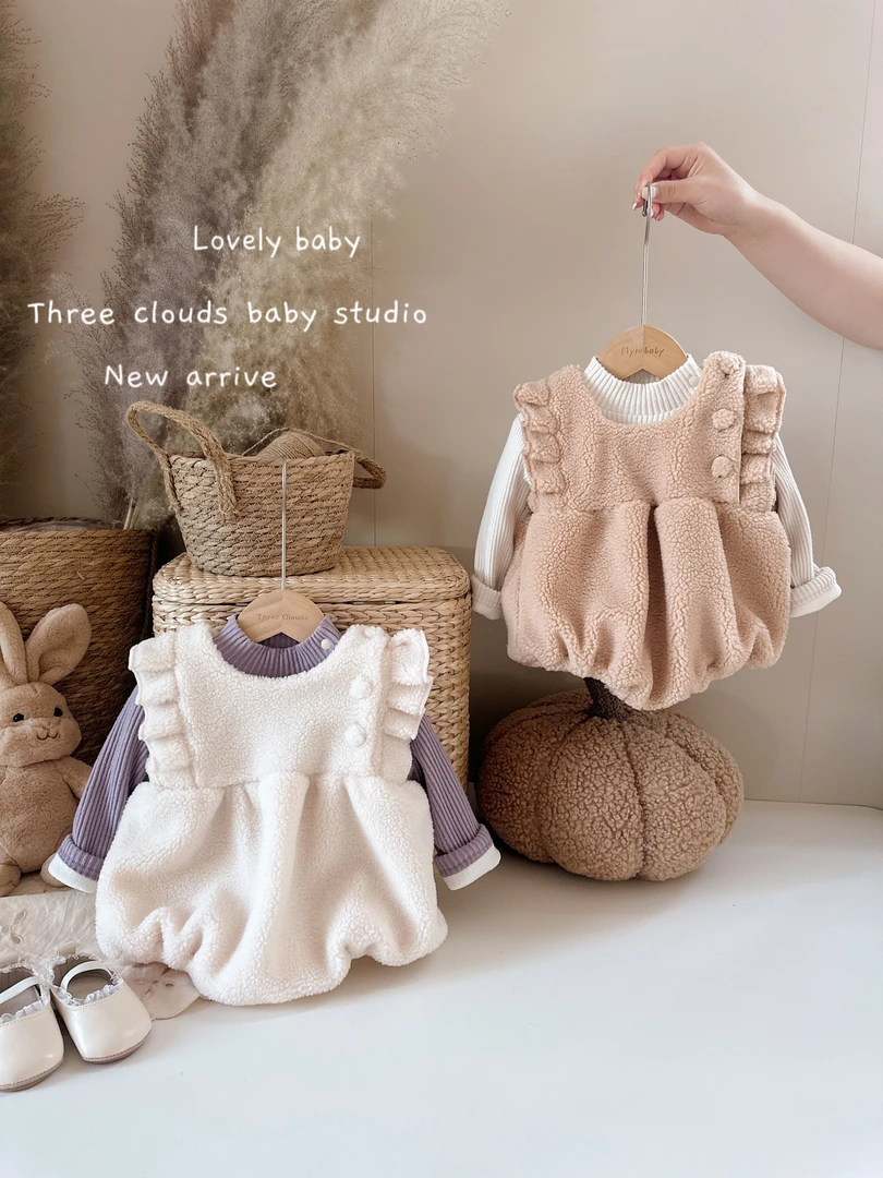 三小朵【小泡芙】女宝宝婴幼儿韩版羔羔毛飞袖哈衣加绒加厚洋气秋冬