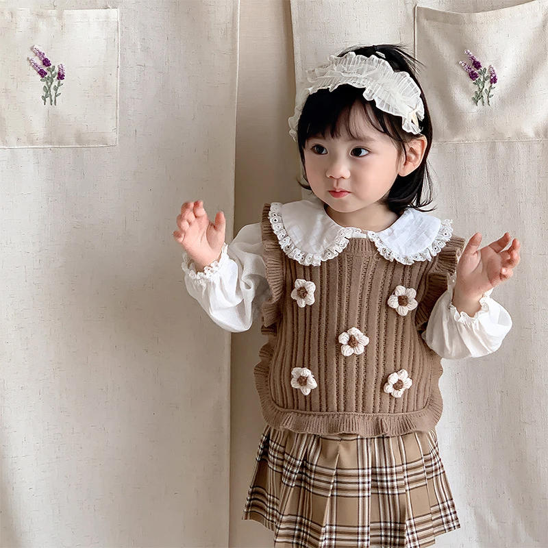 三小朵婴幼儿宝宝女童秋款洋气毛线针织韩版花朵百褶裙衬衫三件套