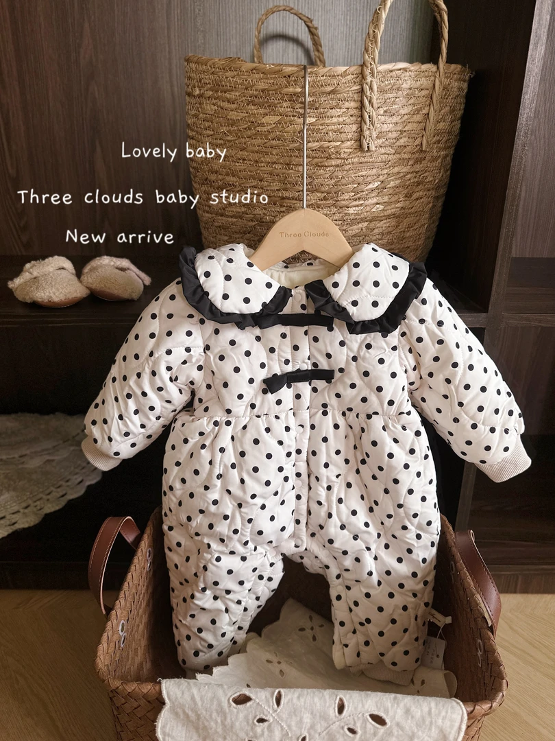 三小朵1463冬季韩版婴幼儿波点长爬棉服保暖加厚连体衣爬爬服宝宝