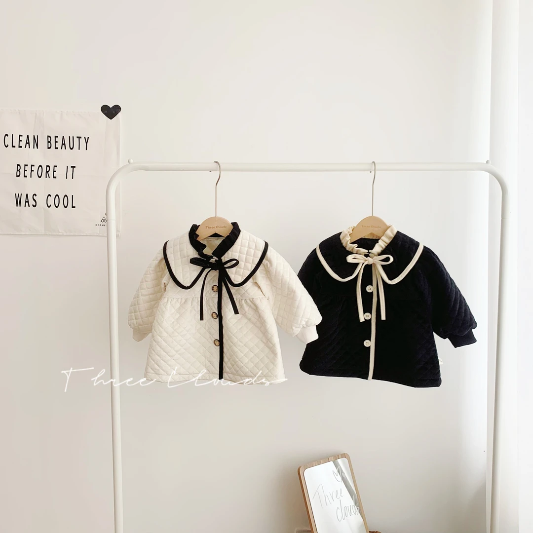 三小朵婴幼儿宝宝女童秋冬菱形格纹保暖小香风蝴蝶结气质外套