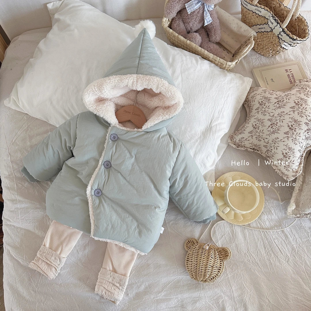 三小朵2283婴幼儿宝宝女童冬加绒加厚毛球魔法精灵帽保暖外套裤子