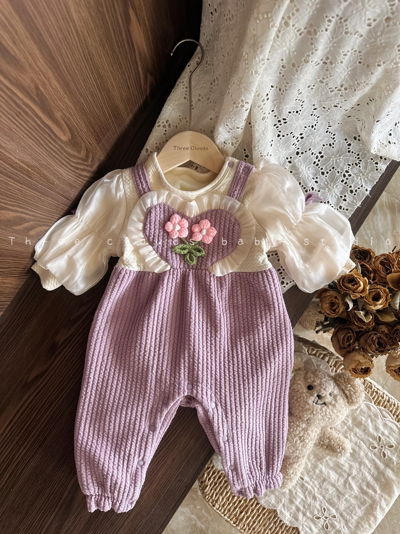 三小朵1506婴幼儿女宝宝秋冬假两件加绒花朵连体衣爬服连体蝴蝶衣