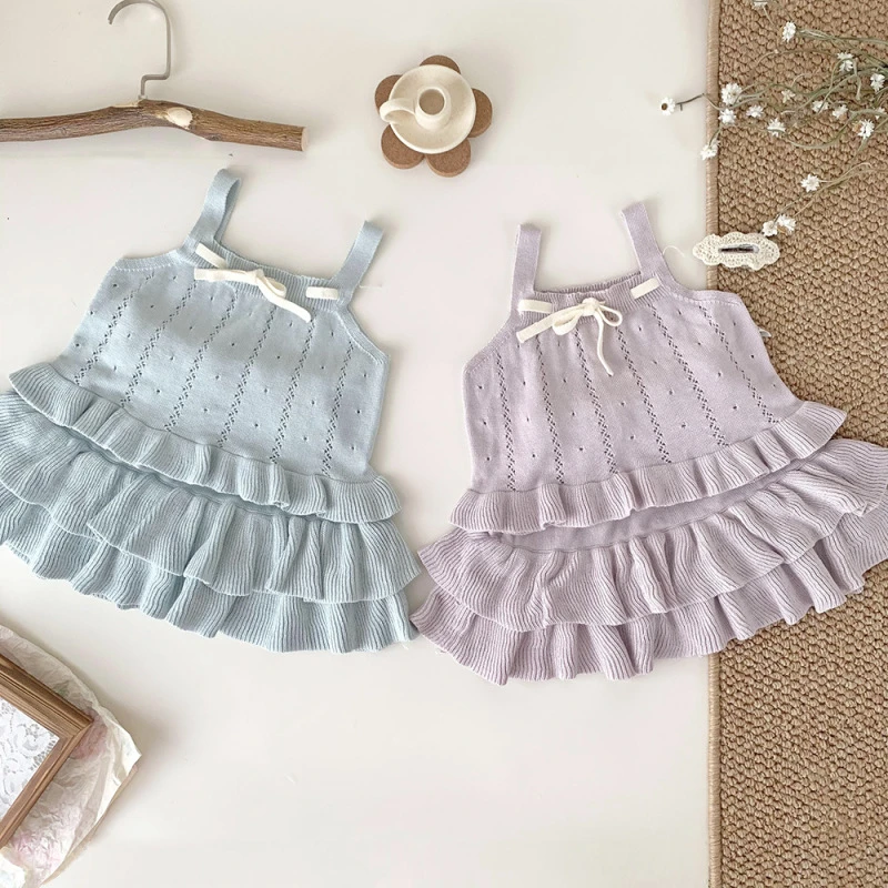 三小朵1873春夏女童镂空针织吊带荷叶短裙两穿背心甜美两件套装